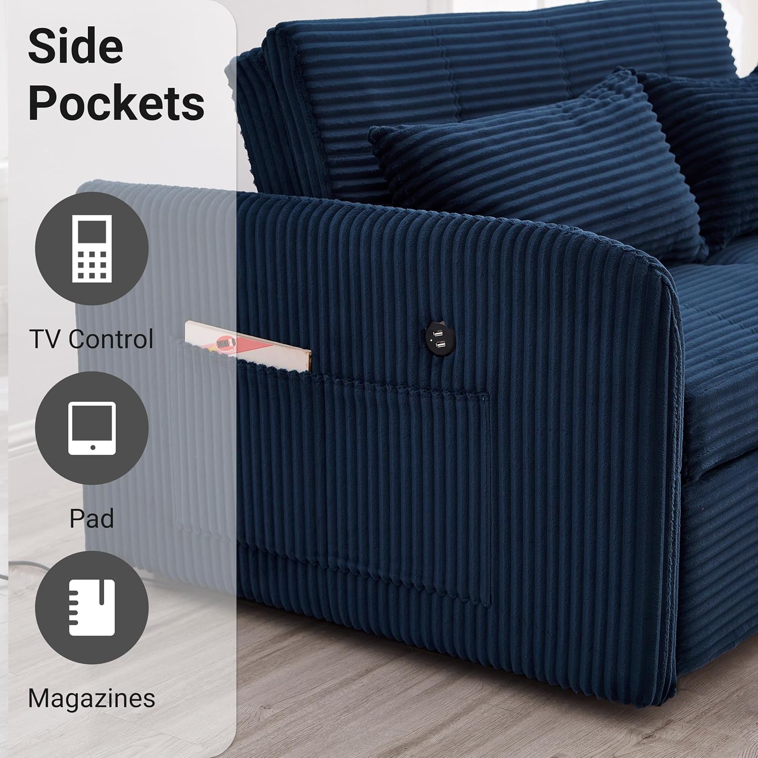 55.5' Corduroy Convertible Sofa Bed, Pull Out Sleeper Sofa Bed, Loveseat Couch with USB Charging Ports, 3 in 1 Convertible Sleeper Sofa Bed for Living Room, Apartment, Bedroom, RV, Blue