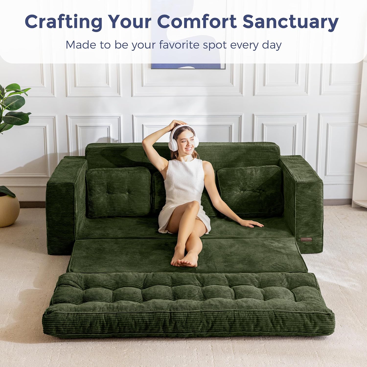 MAXYOYO Convertible Sofa Bed, Pull Out Loveseat Sleeper Sofa, 2 in 1 Folding Couch Bed, Fold Out Floor Couch with Pillows for Living Room Bedroom Lounge, Dark Green