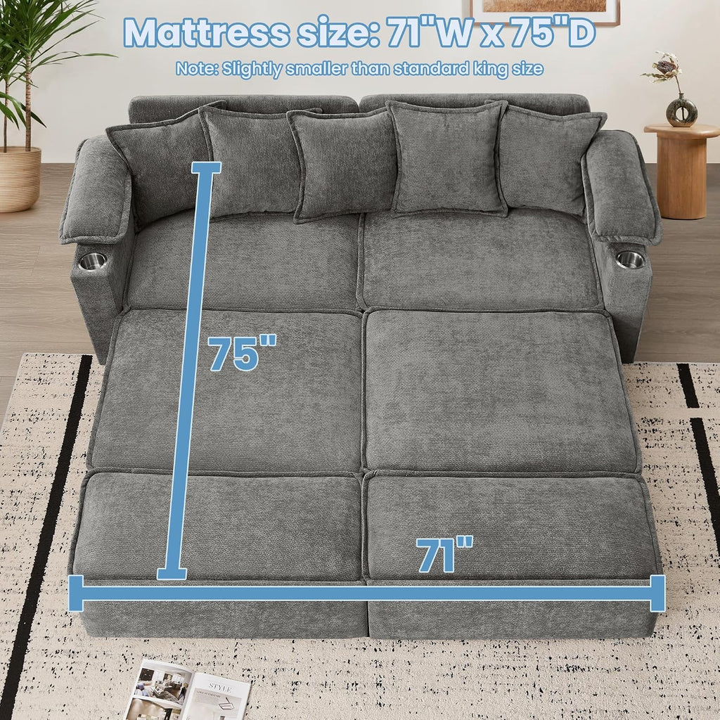 83' King Size Pull Out Sofa Bed, 4-in-1 Convertible Sleeper Sofa Bed with USB Ports, Cup Holders, Side Pockets, Corduroy Oversized Loveseat Chaise Lounge for Living Room, Small Space (Light Gray)