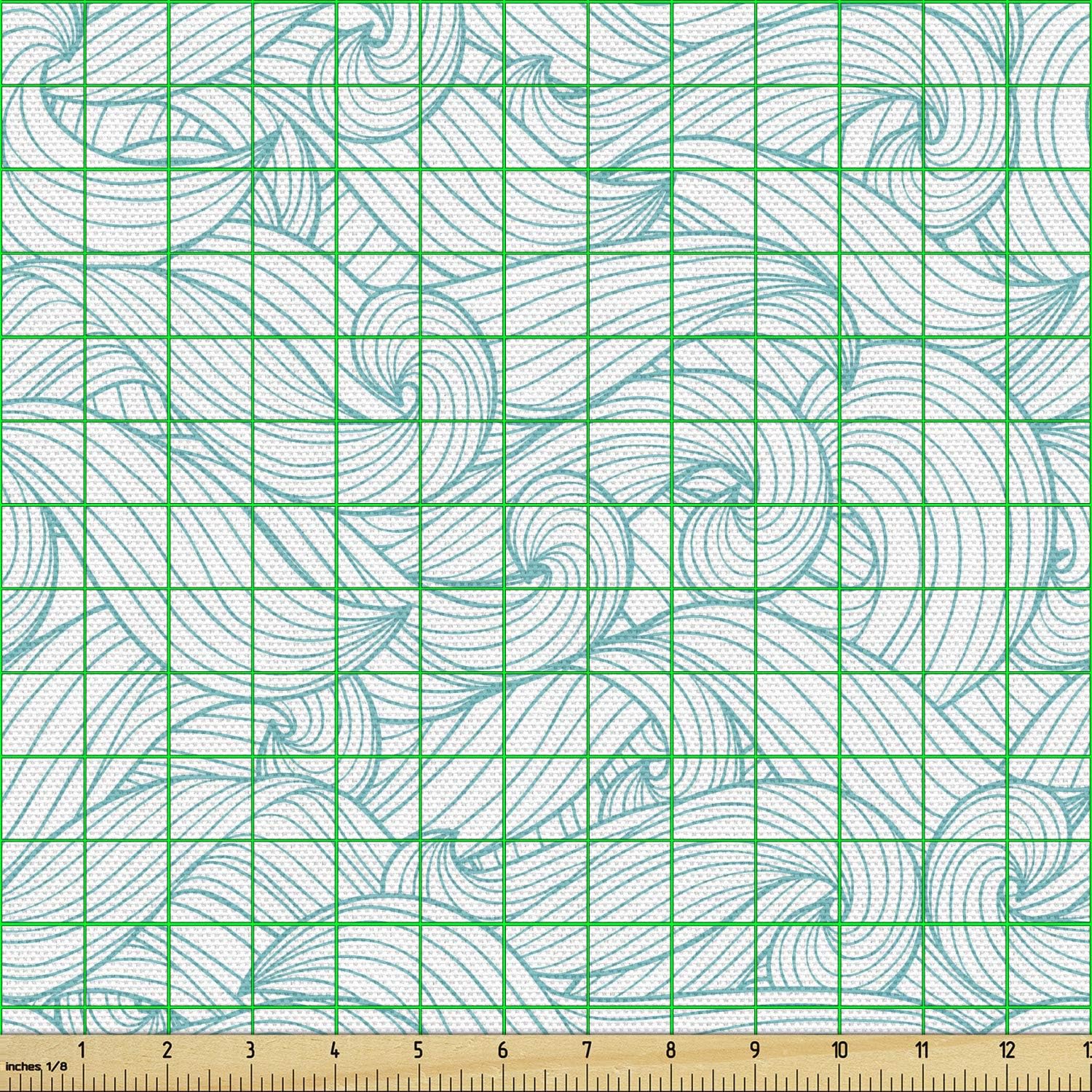 Ambesonne Turquoise Fabric by The Yard, Ocean Themed Waves Abstract Swirls Curlicues Lines Ornamental Vintage Summer, Decorative Fabric for Upholstery and Home Accents, 10 Yards, Teal White