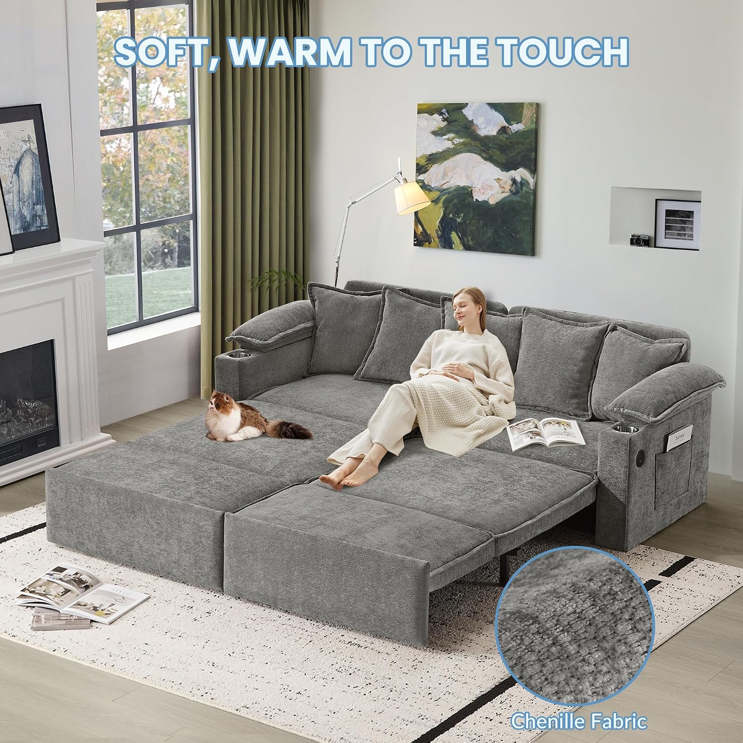 83' King Size Pull Out Sofa Bed, 4-in-1 Convertible Sleeper Sofa Bed with USB Ports, Cup Holders, Side Pockets, Corduroy Oversized Loveseat Chaise Lounge for Living Room, Small Space (Light Gray)