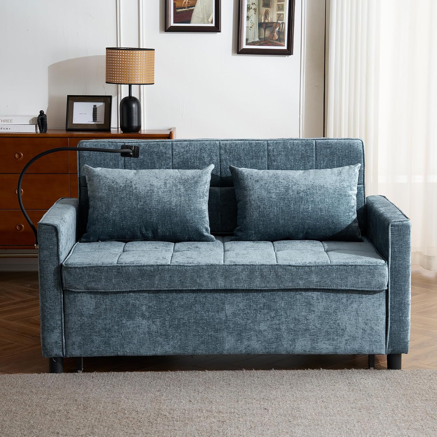 Merax Pull-Out Sleeper Sofa Bed with Reversible Backrest and Two Throw Pillows, 3 in 1 Foton Couch with USB Ports & Phone Holder, Chenille Loveseat for Living Room, Blue