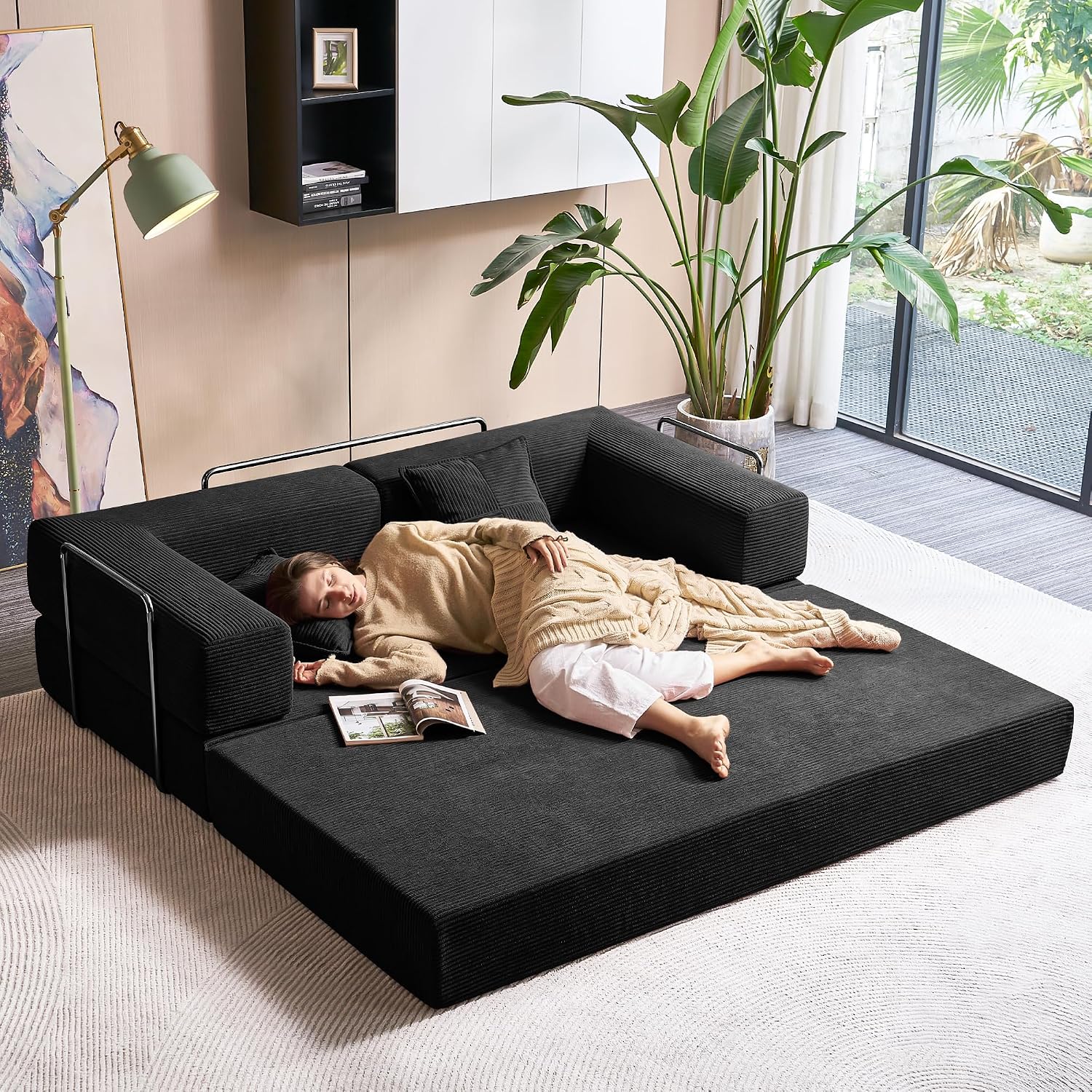 YINIX Foldable Sofa Bed, 78'' Folding Floor Couch, Compressed Convertable Sleeper Sofa, Memory Foam Couch with Pillow Back Support Armrest, 4-in-1 Futon Sofa Bed for Living Room, Black