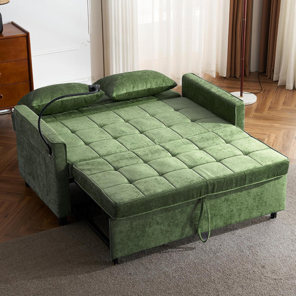Merax 3 in 1 Convertible Sleeper Sofa Bed, Futon Couches for Living Room with USB Ports | Phone Holder| Reversible Backrest | Pull Out Couch |Small Loveseat, Green