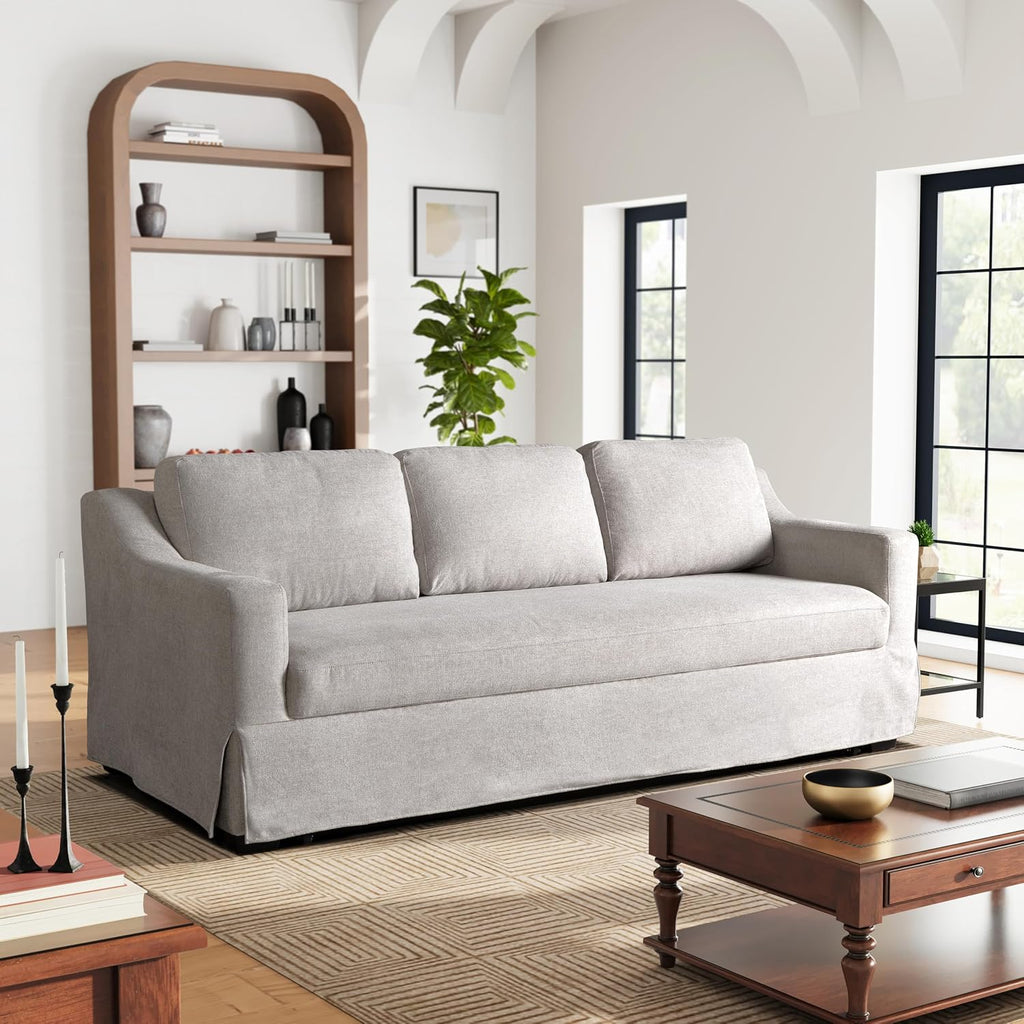 Serta® Hawthorne 90.6' Slipcovered Queen-Size Convertible Pop-up Sofa, Dreamcoil® Comfort, Woven Polyester Blend Fabric, Linen