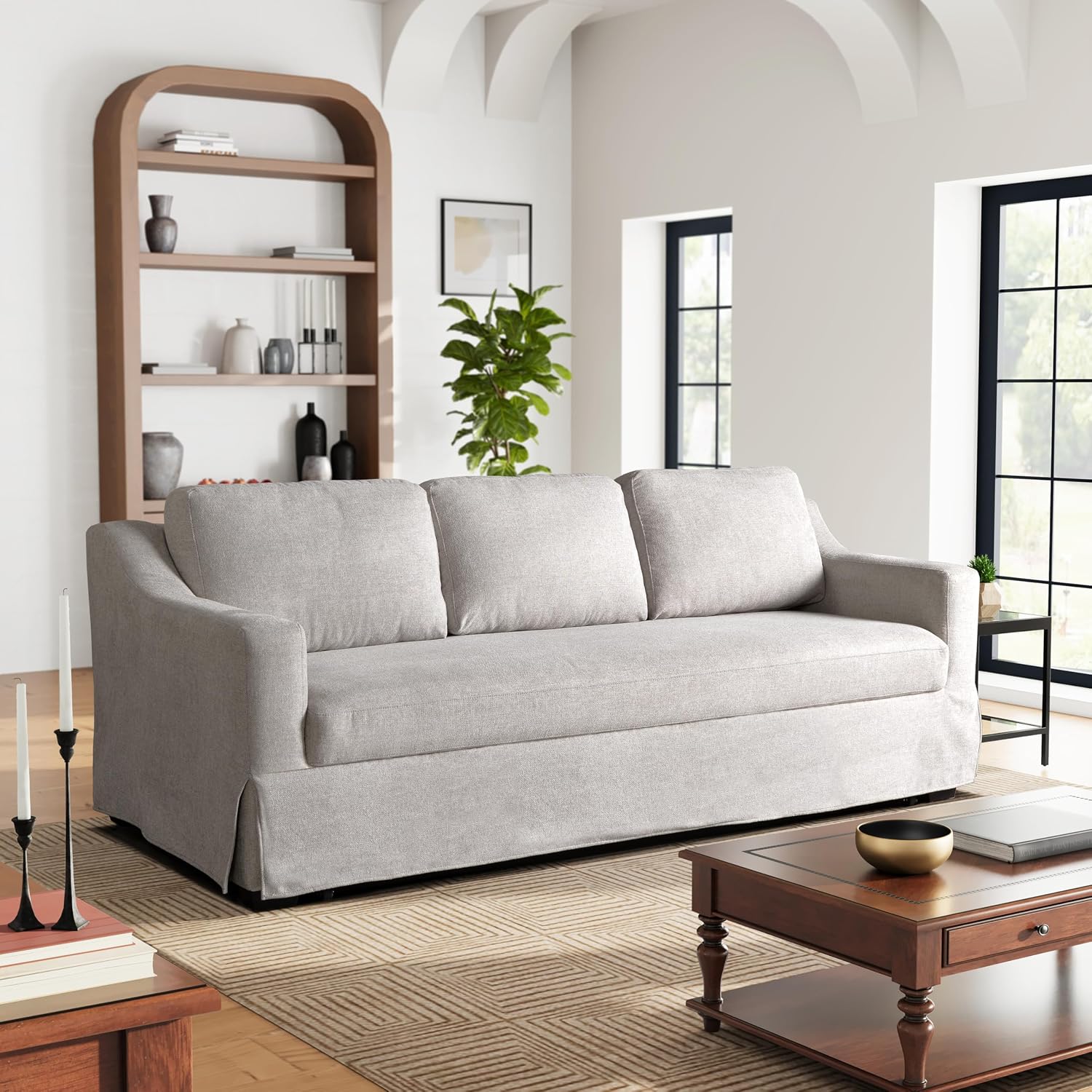 Serta® Hawthorne 90.6' Slipcovered Queen-Size Convertible Pop-up Sofa, Dreamcoil® Comfort, Woven Polyester Blend Fabric, Linen