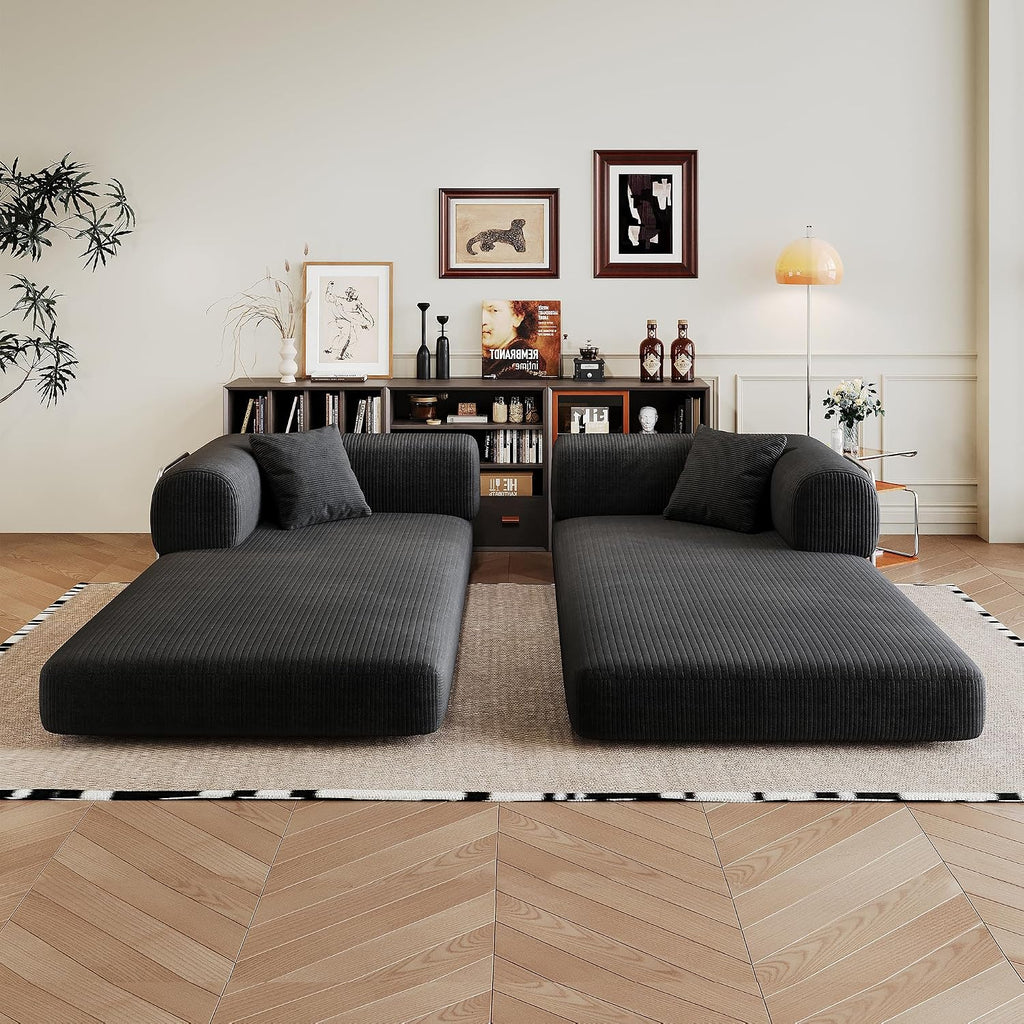 79' Convertible Sofa Bed, Corduroy Folding Pull Out Couch with Pillows, No Assembly Modern Boneless Couch Compression Sofa in Box, Floor Sofa with Support Rods for Living Room,Black