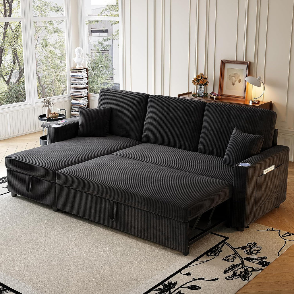Sleeper Sectional Sofa, 83' Convertible Sofa Bed with Pull Out Couches, Small Desktop, L Shaped Couch with Reversible Chaise, Cup Holders, USB, Modern Corduroy Sofas for Living Room Apartment, Black