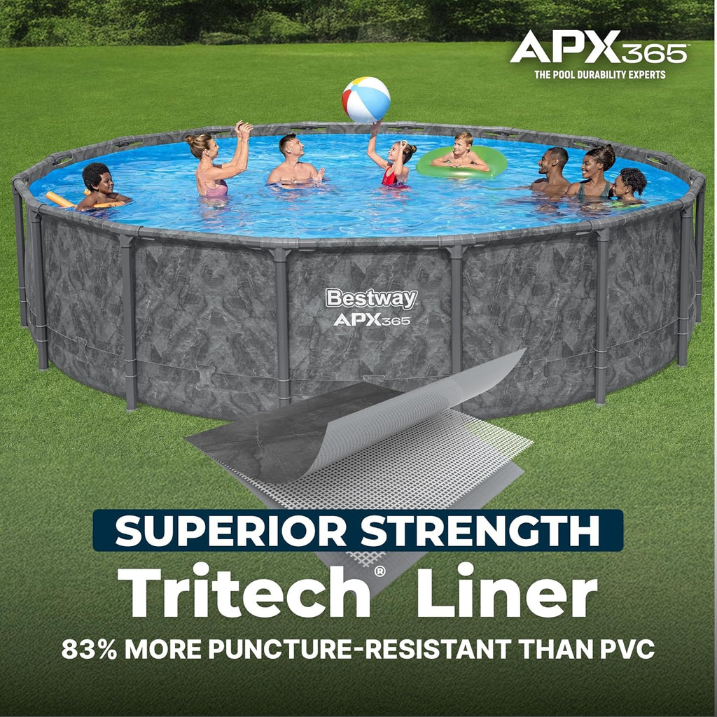 Bestway APX 365 16' x 48' Above Ground Pool, Round Metal Frame Outdoor Swimming Pool Set with Sand Filter Pump, Ladder, and Cover, Dark Marble