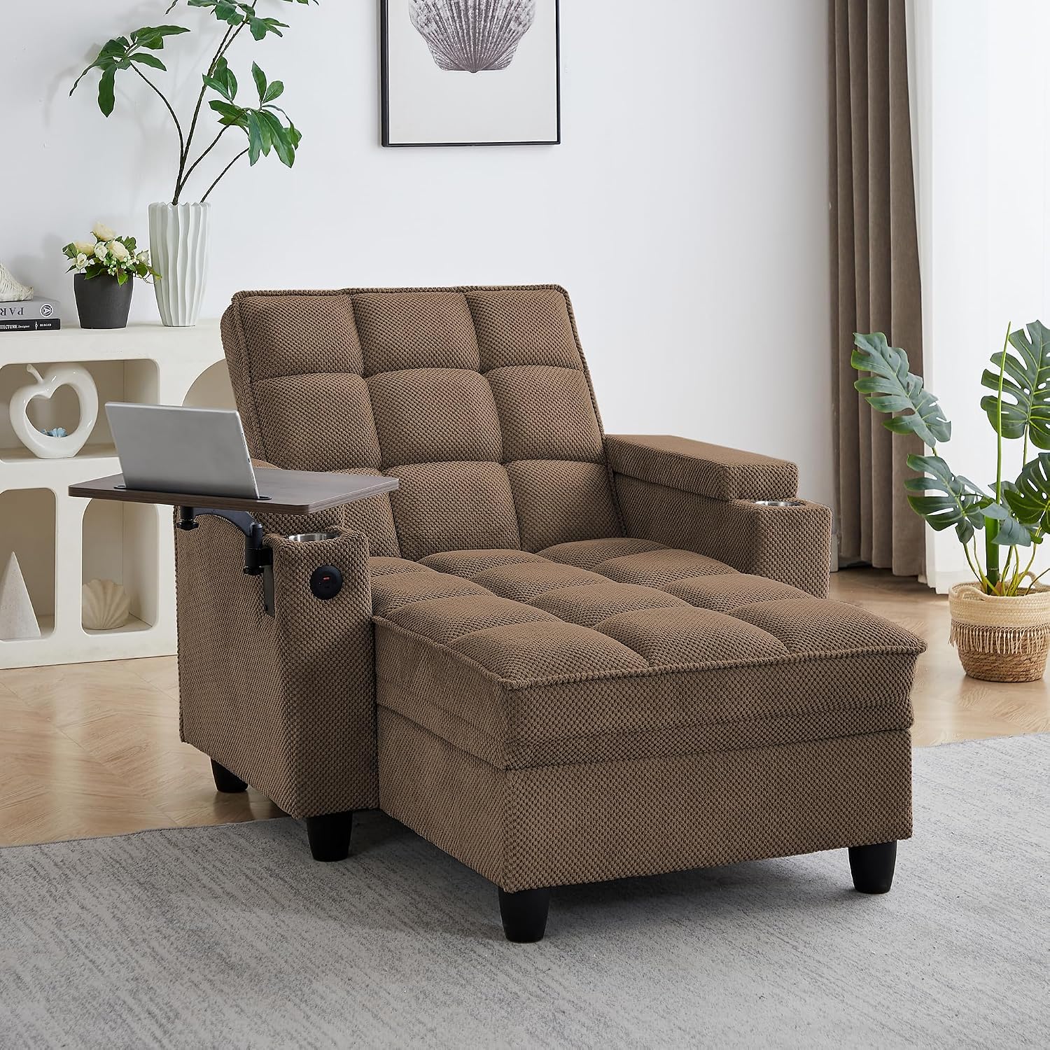 41.7' Chaise Lounge Chair Indoor, Oversized Boucle Upholstered Sofa Bed, Adjustable Backrest Deep Seat Reading Chair, Sofas Couches for Living Room with Storage, Cup Holders & 360° Swivel Side Table