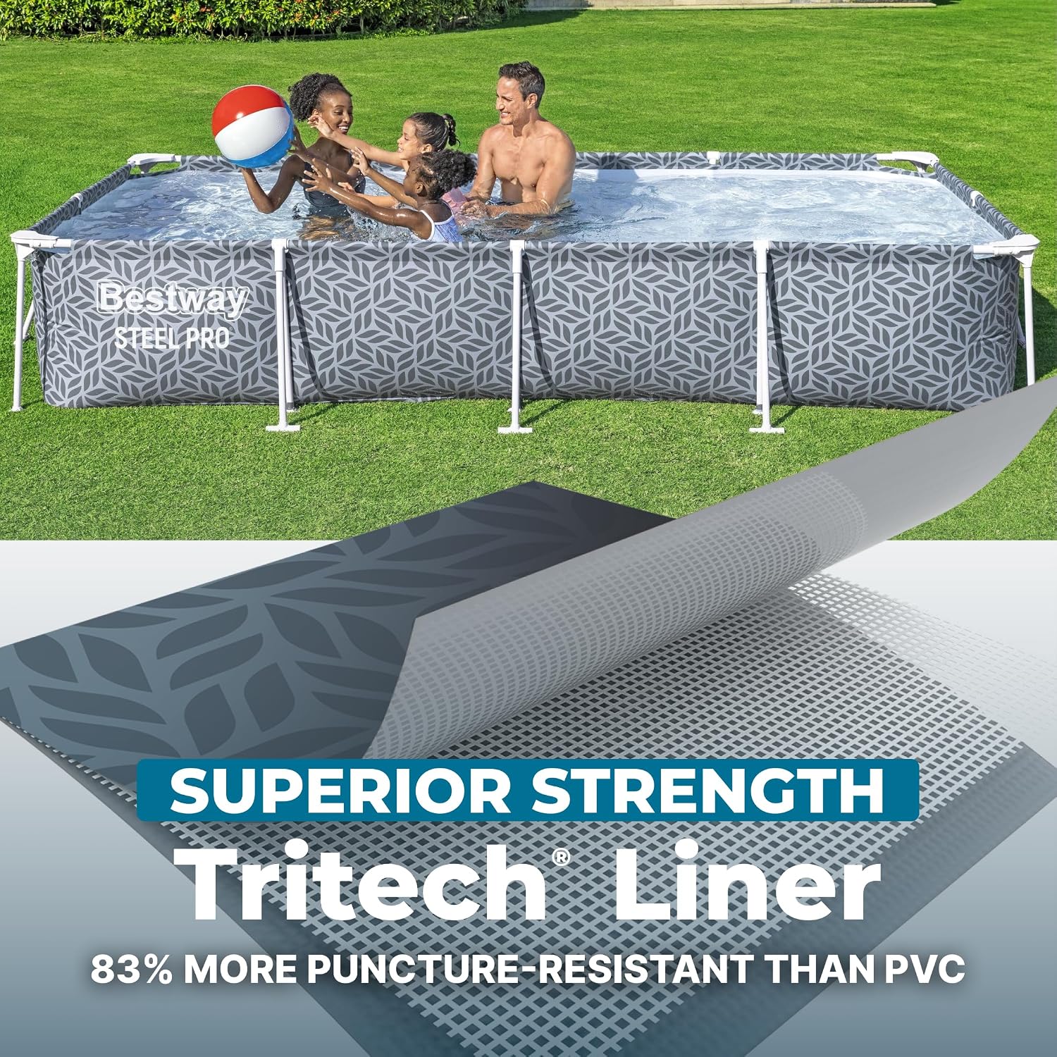 Bestway Steel Pro 12' x 6' 7' x 26' Rectangle Above Ground Outdoor Swimming Pool Set with DuraPlus Liner and FrameLink System, Gray