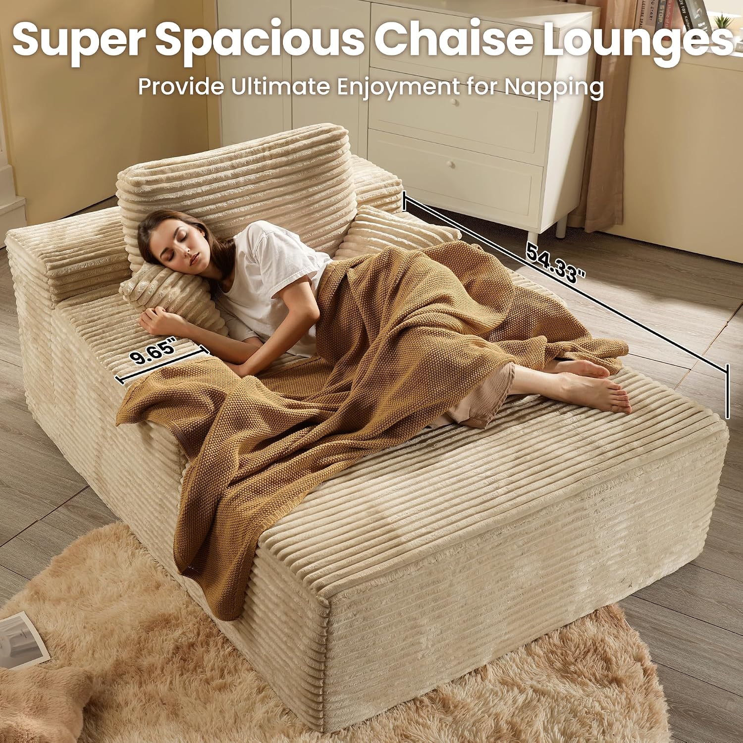 ovios 67'' Chaise Lounge Chair Indoor, Oversized Upholstered Boneless Sofa Bed, Deep Seat Sleeper Couch, Plush Cloud Sofas Couches for Living Room, No Assembly Required (Faux Fur, Beige)