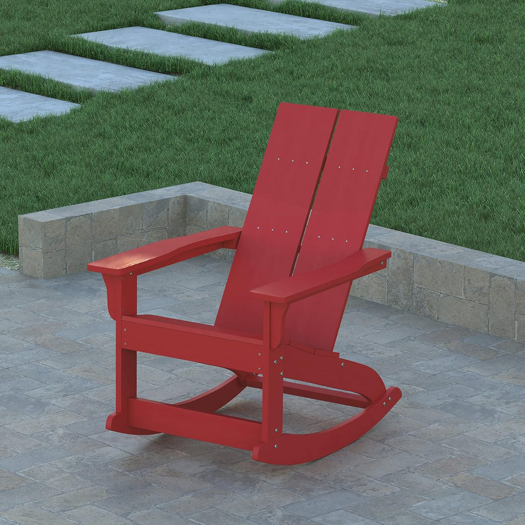 EMMA + OLIVER Harmon Adirondack Rocking Chair - Red Poly Resin - Suitable for Indoor/Outdoor Use - All Weather Materials - Easy Assembly - 350 lb. Weight Capacity