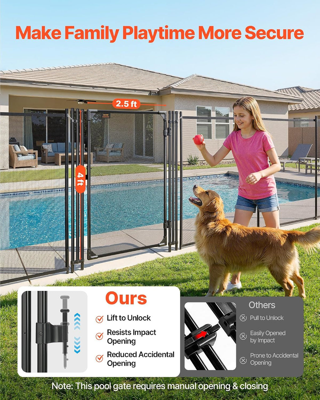 VEVOR Pool Fence, 4 x 2.5 FT Pool Gate for Inground Pools, Pool Safety Fence Gate Kit with Stainless Steel Latch, Removable Child Safety Pool Fencing, Black, 4FTx2.5FT