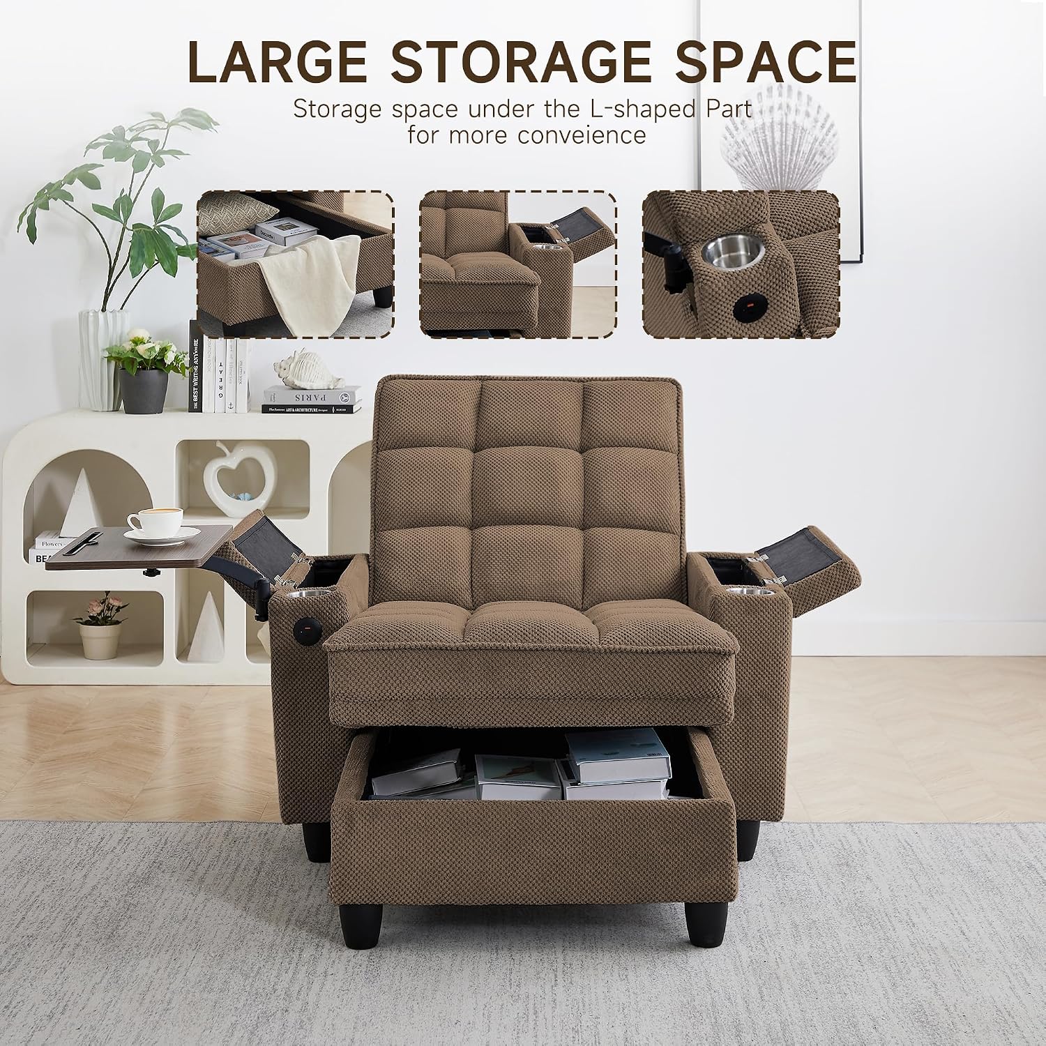41.7' Chaise Lounge Chair Indoor, Oversized Boucle Upholstered Sofa Bed, Adjustable Backrest Deep Seat Reading Chair, Sofas Couches for Living Room with Storage, Cup Holders & 360° Swivel Side Table