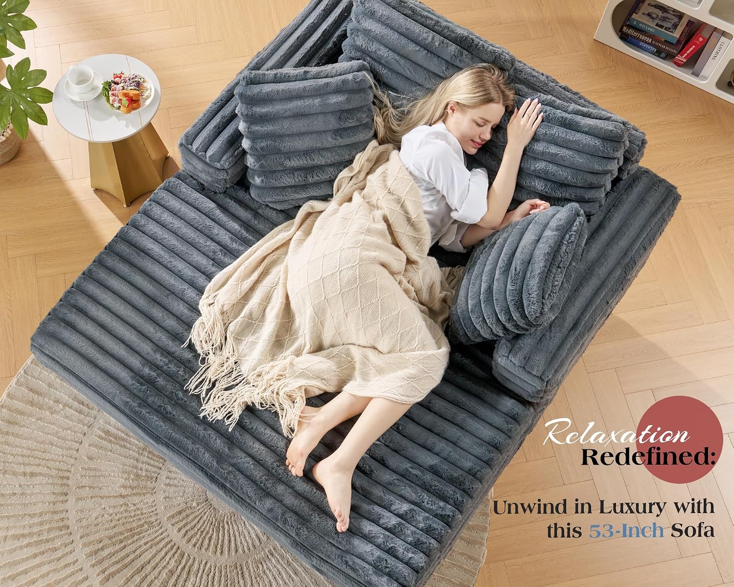 VanAcc 58-Inch Plush Chaise Lounge, Complete with Cozy Throw Pillows, Upholstered Sofa Bed with Armrests, Faux Fur Chair Bed for Living Room, Dark Grey