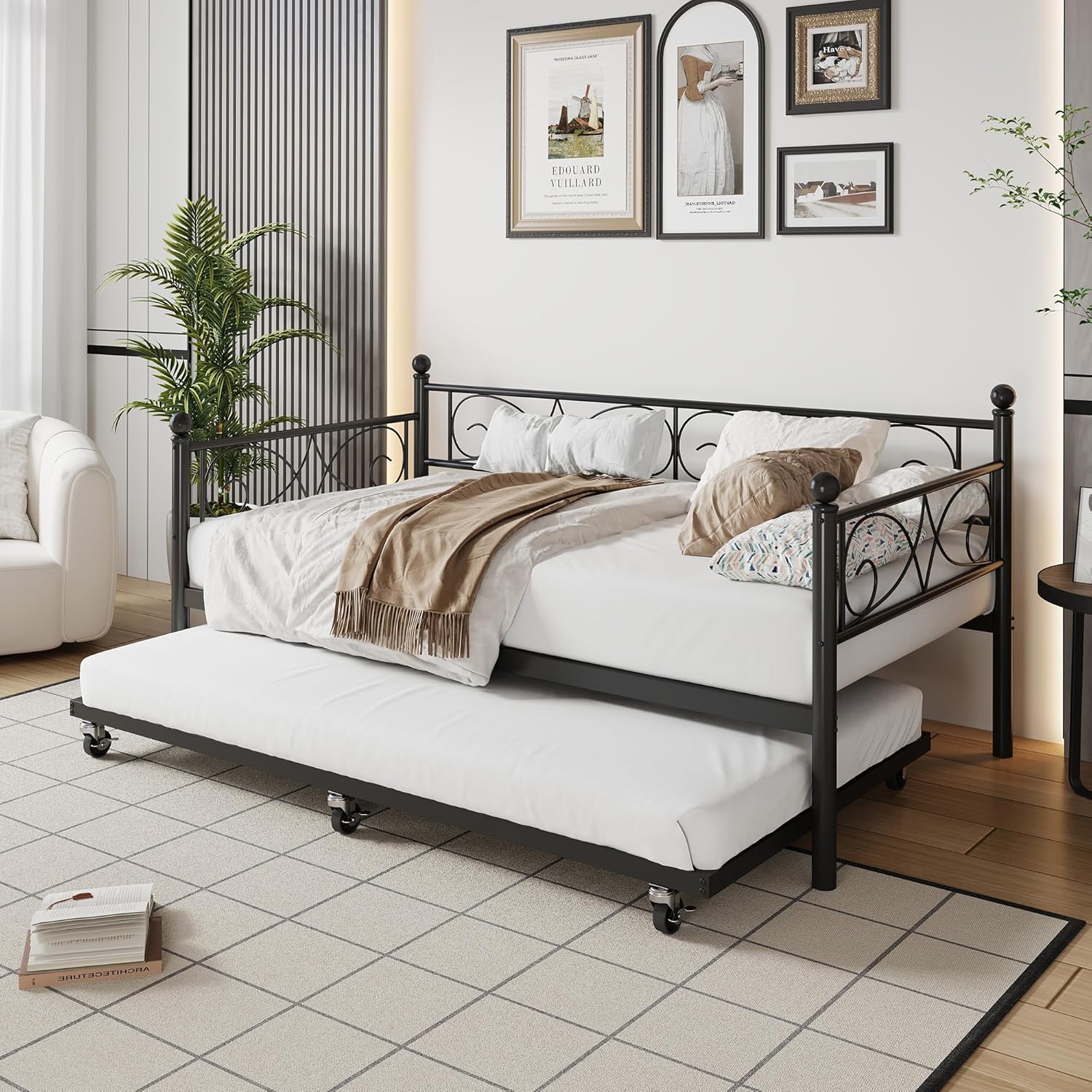 IDEALHOUSE Twin Daybed with Trundle, Metal Trundle Bed, Sofa Bed Frame, Heavy Duty Metal Slats, for Living Room, Bedroom, Guest Room, Space Saving, Modern Black