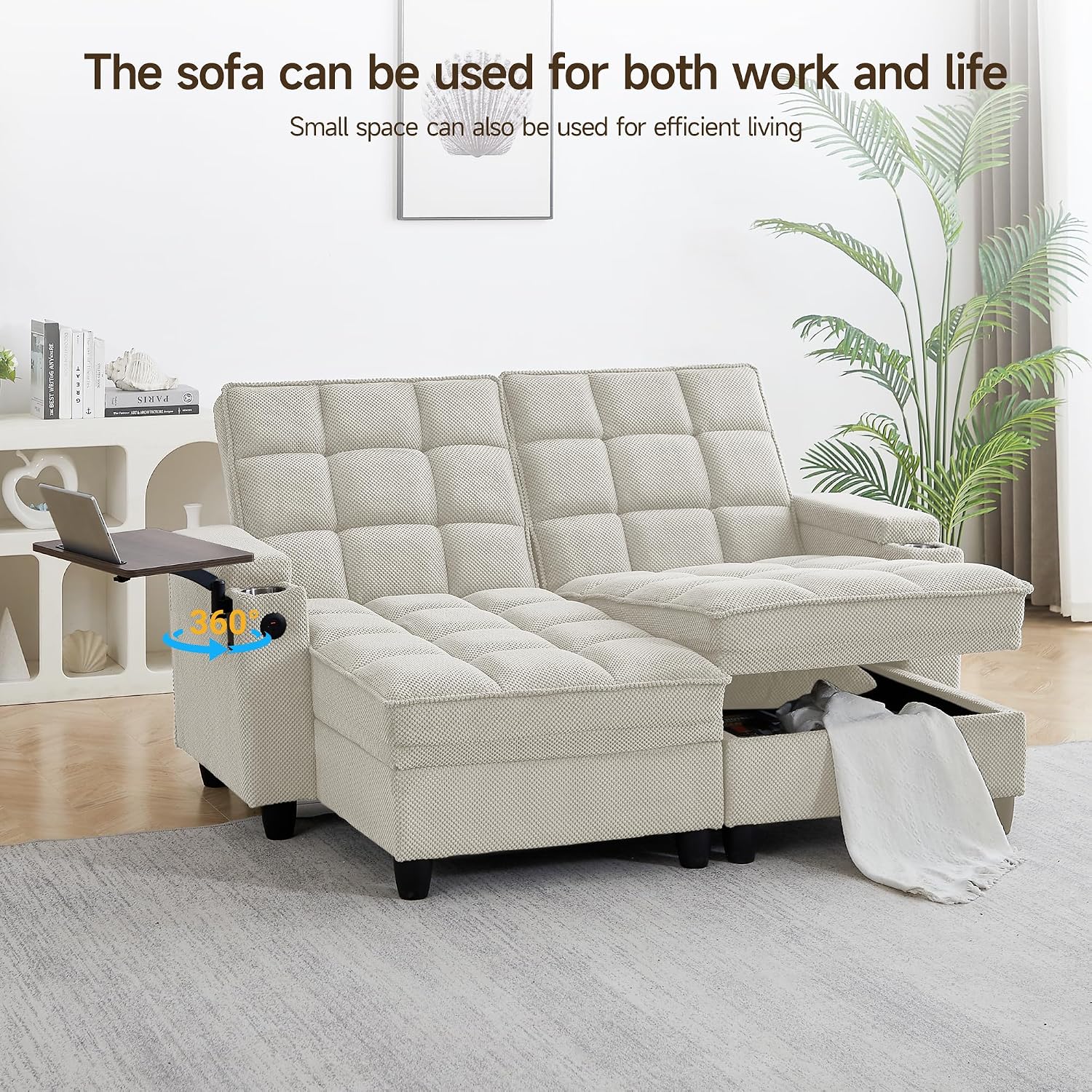 70.9' Chaise Lounge Chair Indoor, Oversized Boucle Upholstered Sofa Bed, Adjustable Backrest Deep Seat Reading Chair, Sofas Couches for Living Room with Storage, Cup Holders & 360° Swivel Side Table