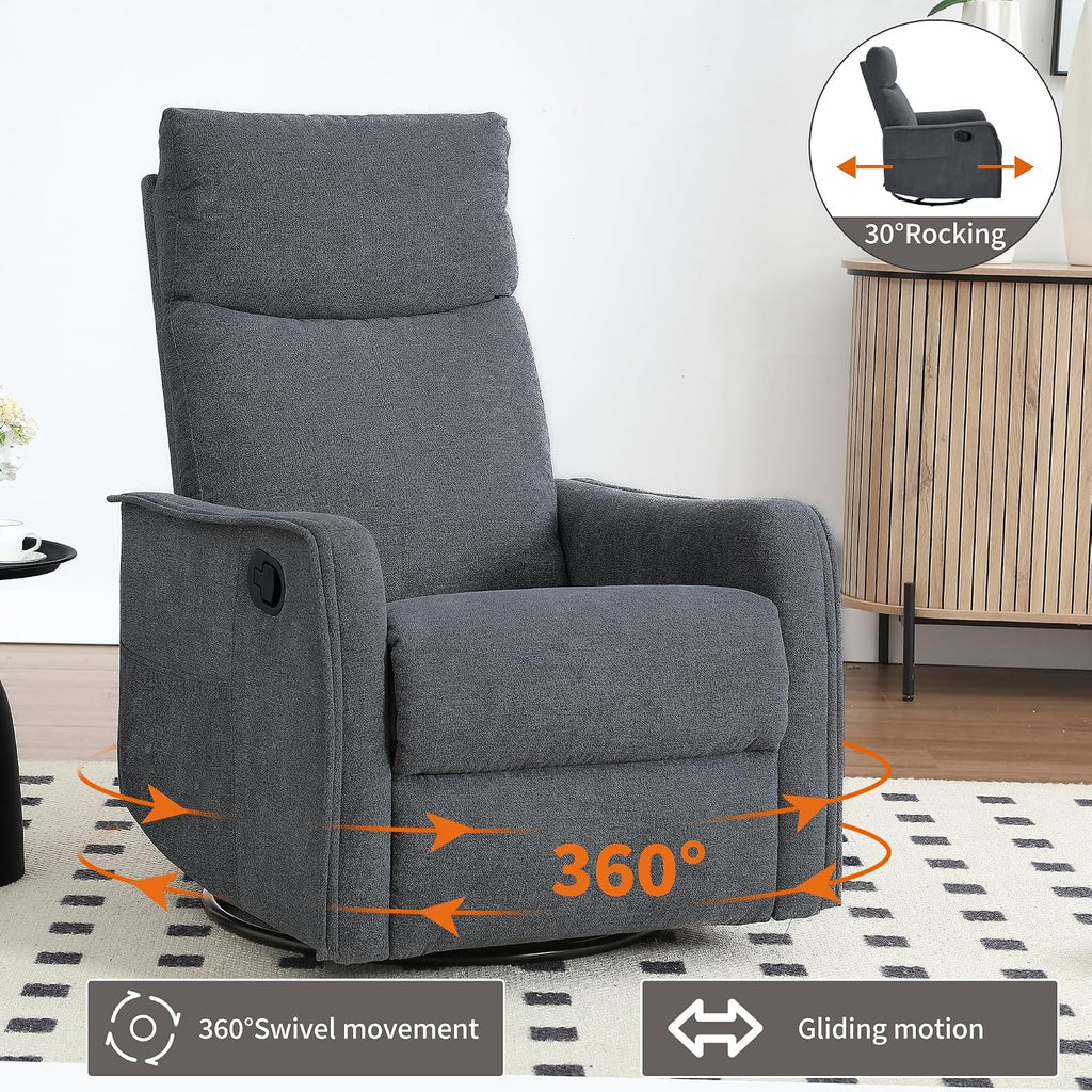 Massage Chair Recliner with Heat, 360° Swivel Glider Rocker with Reclining Backrest and Footrest, Manual Lazy Boy Recliners for Adults, Modern Nursery Rocking Chairs (Dark Grey)
