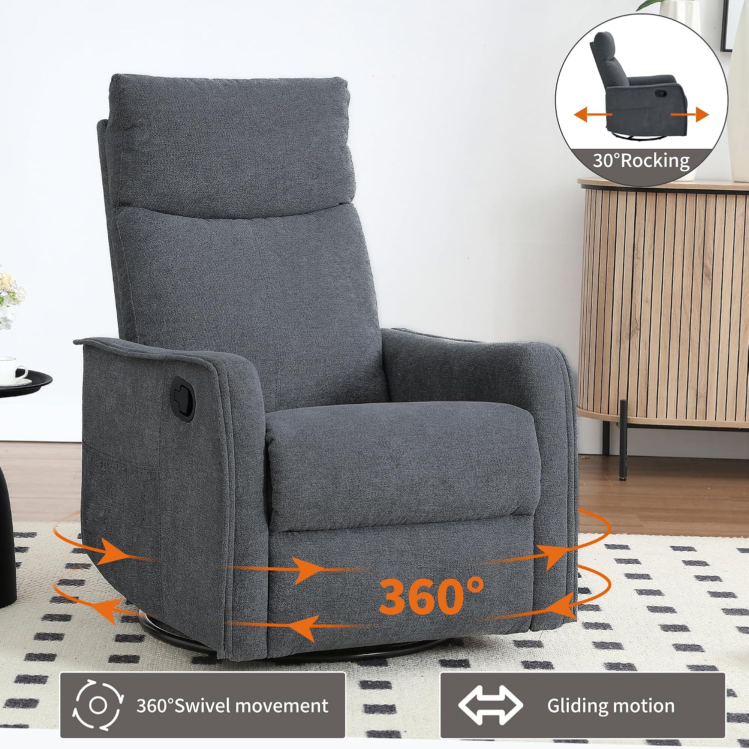 Massage Chair Recliner with Heat, 360° Swivel Glider Rocker with Reclining Backrest and Footrest, Manual Lazy Boy Recliners for Adults, Modern Nursery Rocking Chairs (Dark Grey)