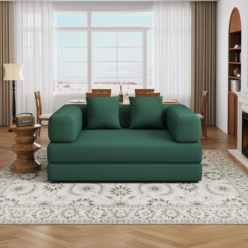 BSHOMGI Folding Sofa Bed Convertible Corduroy Couch Queen Size Floor Sleeper 4-in-1 DIY Combination Modular Lazy Sofas Fold Futon Lounge for Living Room (Green, 53.15' Double Sofa)