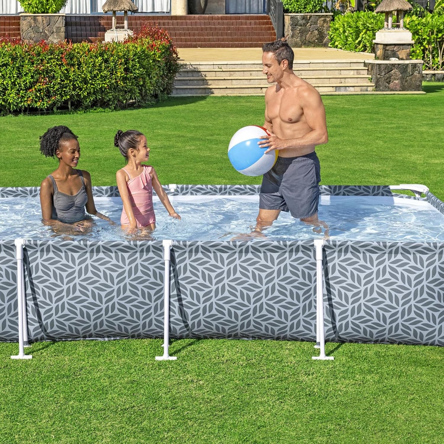 Bestway Steel Pro Rectangular Swimming Pool Above Ground Outdoor Backyard Framed Pool Set with 330 Gallon Filter Pump, 12' x 6' 7' x 26', Gray