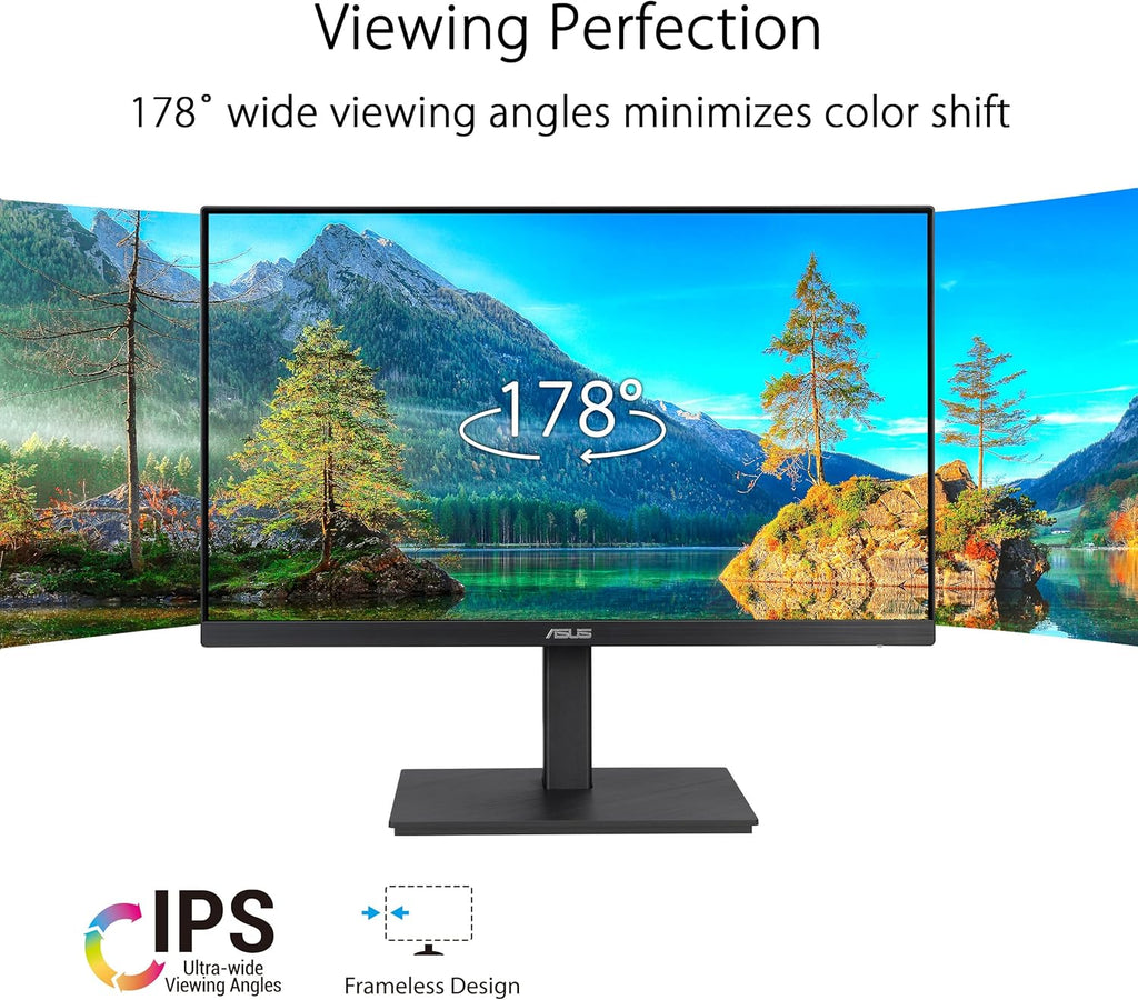 ASUS 24' 1080P Monitor (VA24EQSB) - Full HD, IPS, 75Hz, Built-in Speakers, Eye Care, Low Blue Light, Flicker Free, VESA Mountable, Height Adjustment, Frameless, DisplayPort, HDMI, VGA, USB Hub,Black