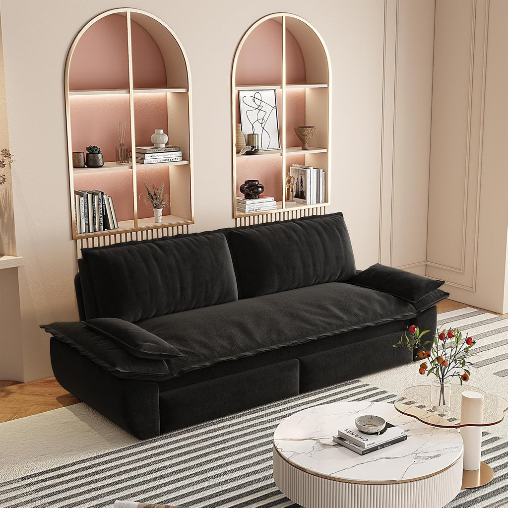73.2' Queen Size Pull Out Sofa Bed, 3-in-1 Convertible Sleeper, Velvet Loveseat for Living Room, Apartment, Bedroom Small Spaces, Black (Mattress & Bedding Not Included)