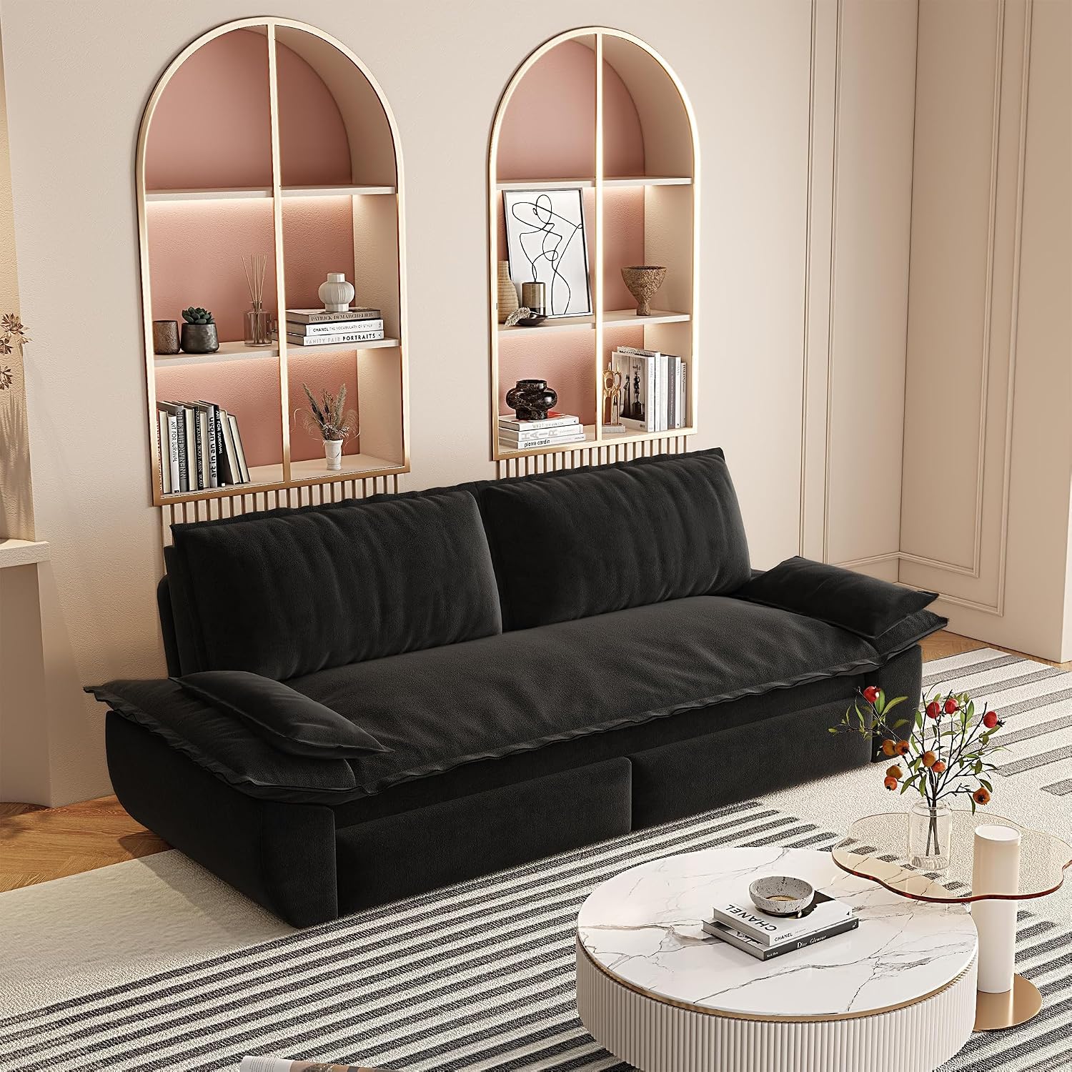 73.2' Queen Size Pull Out Sofa Bed, 3-in-1 Convertible Sleeper, Velvet Loveseat for Living Room, Apartment, Bedroom Small Spaces, Black (Mattress & Bedding Not Included)