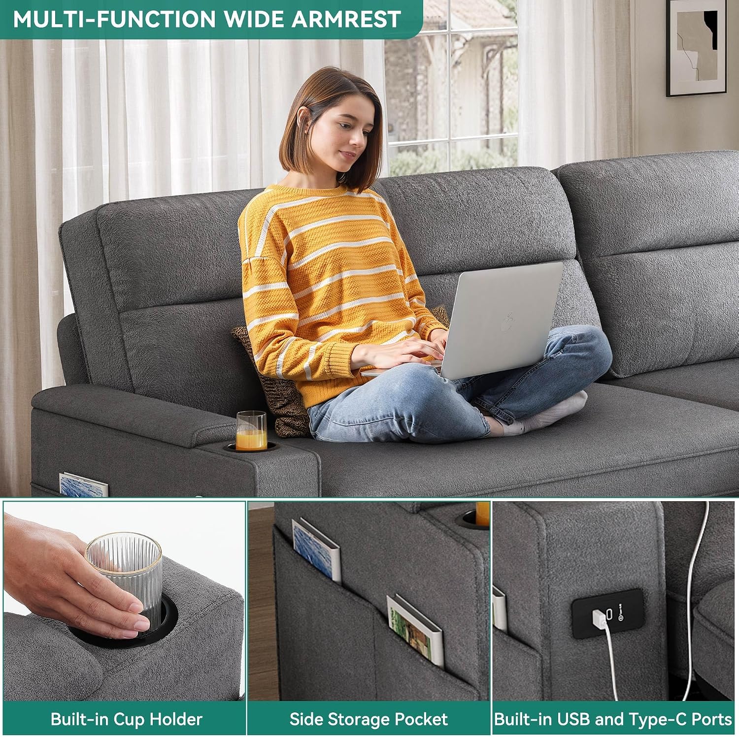 YITAHOME Sectional Sleeper Sofa with Pull Out Couch Bed, 81' Convertible Sleeper Sofa with Adjustable Backrest, Sofa Bed Sleeper Couch with Armrest & USB Port, Grey