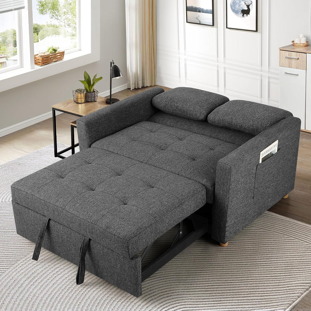 SEJOV Sleeper Sofa, 3-in-1 Convertible Pull Out Couch Bed Futon Sofa, Linen Fabric Loveseat with 2 Pillows and Adjustable Backrest, Chaise Lounge for Small Spaces Apartment Dorm, Office, Black