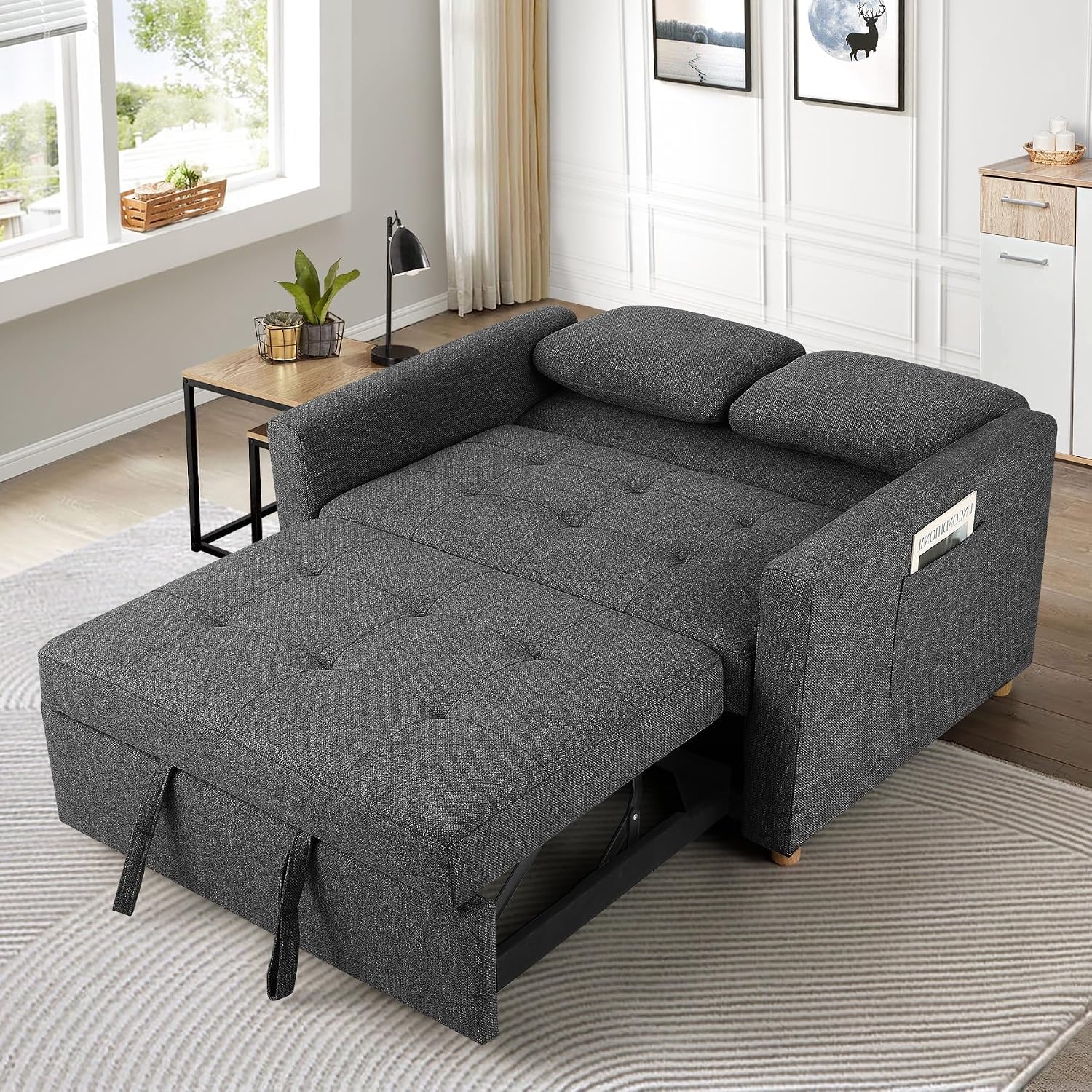 SEJOV Sleeper Sofa, 3-in-1 Convertible Pull Out Couch Bed Futon Sofa, Linen Fabric Loveseat with 2 Pillows and Adjustable Backrest, Chaise Lounge for Small Spaces Apartment Dorm, Office, Black