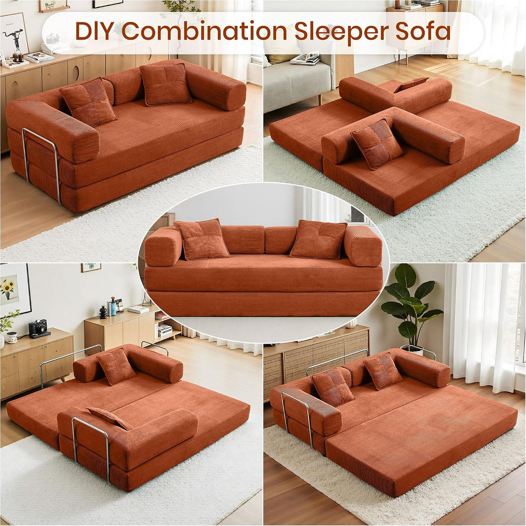 Compression Sofa - 78''Convertible Floor Sofa Bed - with Pillow Back Support Armrest - Comfy Foldable Sofa Bed Compressed Sofa in Box - Corduroy Fabric - for Living Room - Bright Orange