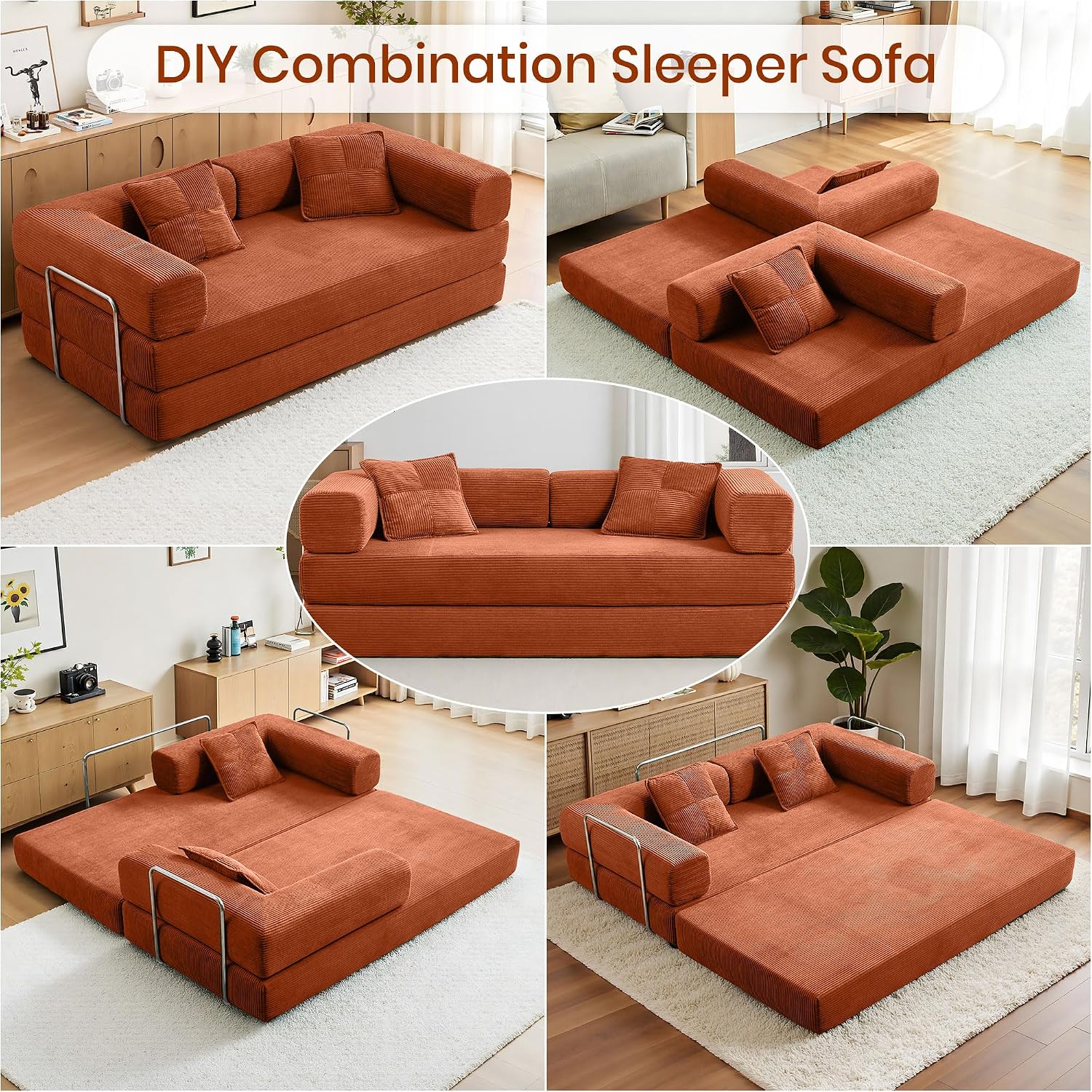 Compression Sofa - 78''Convertible Floor Sofa Bed - with Pillow Back Support Armrest - Comfy Foldable Sofa Bed Compressed Sofa in Box - Corduroy Fabric - for Living Room - Bright Orange