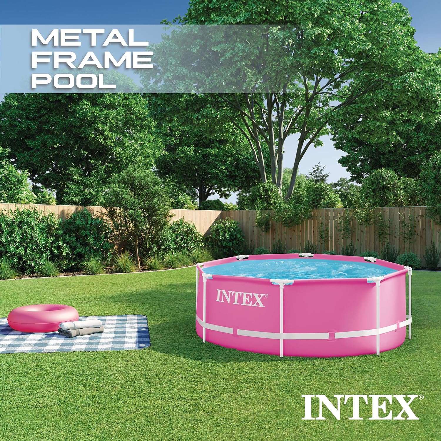Intex 28290EH 8 Feet by 30 Inches Easy to Assemble Large Round Metal Frame Above Ground Swimming Pool with Dual Suction Outlet Fittings, Pink