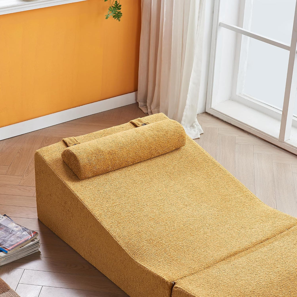 GDFStudio Rue Velvet Foldable Sofa Bed, Convertible Sleeper Chair with Pillow, Foldable Mattress with Back Support, Portable Lounge Sofa for Living Room/Bedroom, No Assembly Needed, Mustard Yellow