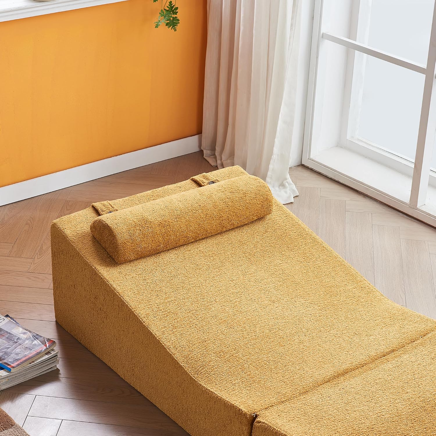 GDFStudio Rue Velvet Foldable Sofa Bed, Convertible Sleeper Chair with Pillow, Foldable Mattress with Back Support, Portable Lounge Sofa for Living Room/Bedroom, No Assembly Needed, Mustard Yellow