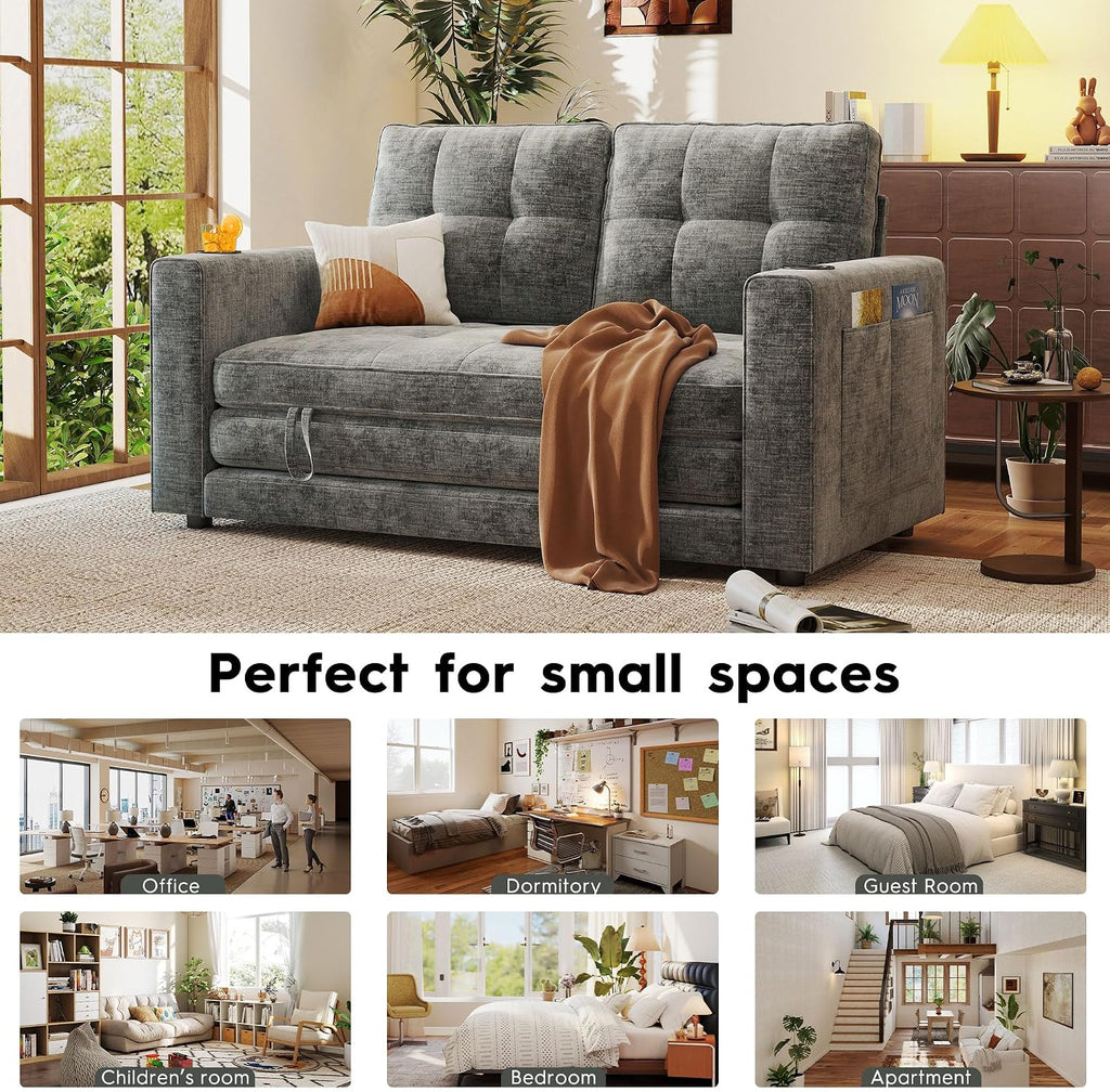 55' Convertible Folding Sofa Bed, Pull Out Couch Love Seat Sleeper Bed, Small Fold Out Loveseat sleeper with Cup Holder and Pillow for Small Space, Bedroom Lounge, Dorm, Living Room(Grey Chenille)
