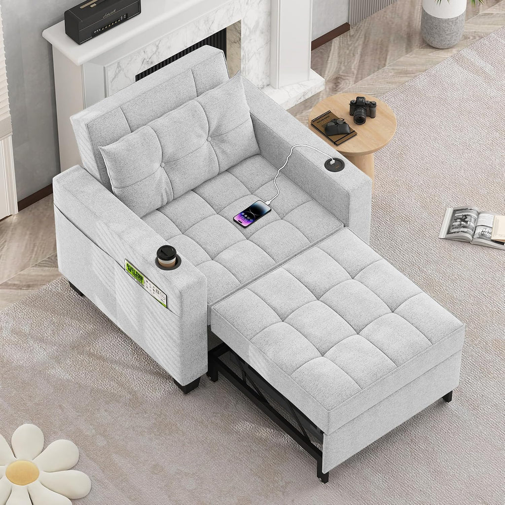 DURASPACE Pull Out Sofa Bed 3-in-1 Convertible Sofa Sleeper Chair Bed with USB, Cup Holder, Adjustable Armchair Beds for Small Spaces, Apartment, Living Room, Office (Light Gray Linen)