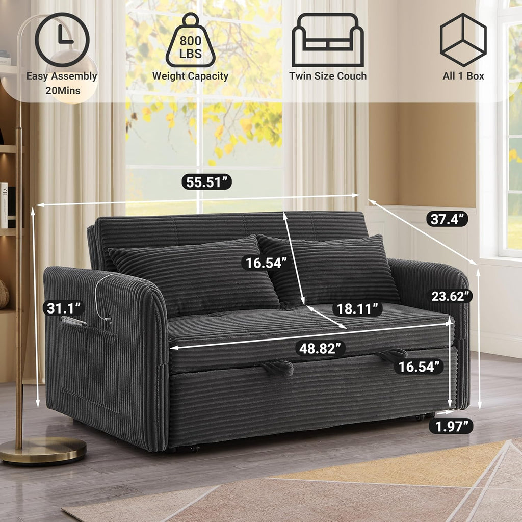 55.5' Corduroy Convertible Sofa Bed, Pull Out Sleeper Sofa Bed, Loveseat Couch with USB Charging Ports, 3 in 1 Convertible Sleeper Sofa Bed for Living Room, Apartment, Bedroom, RV, Grey