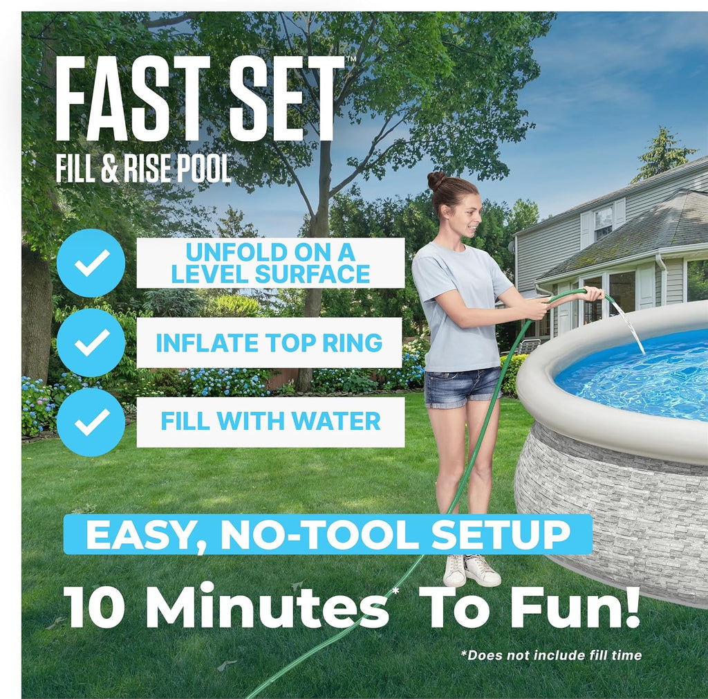 Bestway Fast Set 12' x 30' Round Inflatable Above Ground Swimming Pool Set, Stacked Stone Exterior Outdoor Family Pool with Filter Pump, Gray