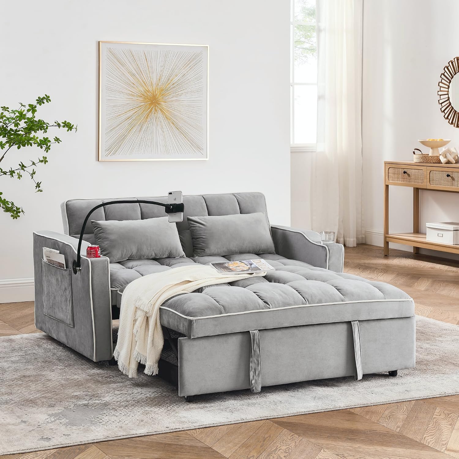 Merax Foldable Sofa Bed with 2 USB Charging Ports, Pull Out Velvet Loveseat Sleeper with Phone Holder, Modern Futon Couch with Cup Holders & Adjustable Backrest for Living Room,Grey