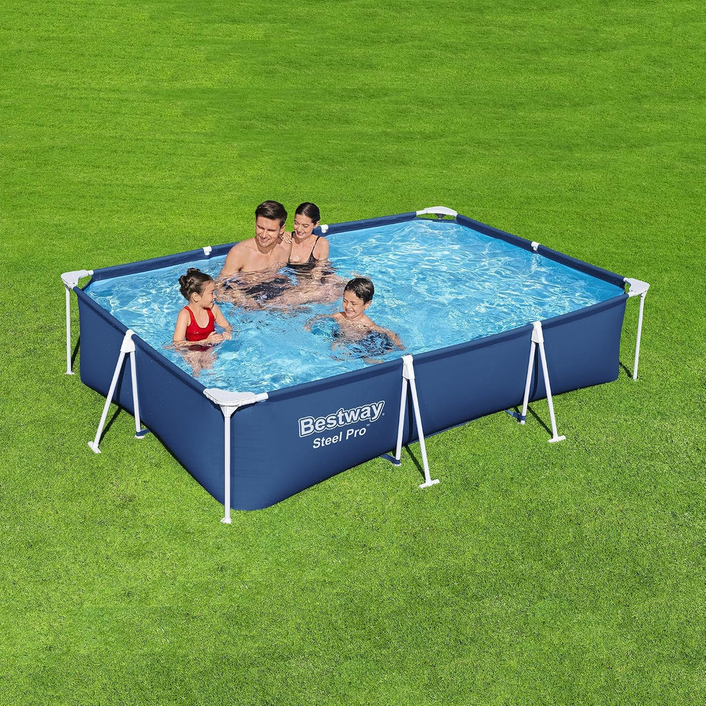 Bestway Steel Pro 9 Feet 10 Inch x 6 Feet 7 Inch x 26 Inch Rectangle Above Ground 872 Gallon Pool Set with DuraPlus Liner and FrameLink System