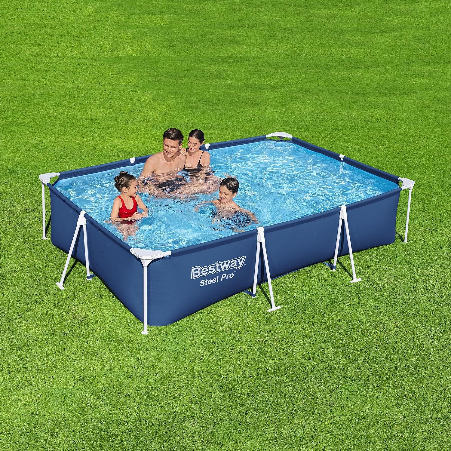 Bestway Steel Pro 9 Feet 10 Inch x 6 Feet 7 Inch x 26 Inch Rectangle Above Ground 872 Gallon Pool Set with DuraPlus Liner and FrameLink System