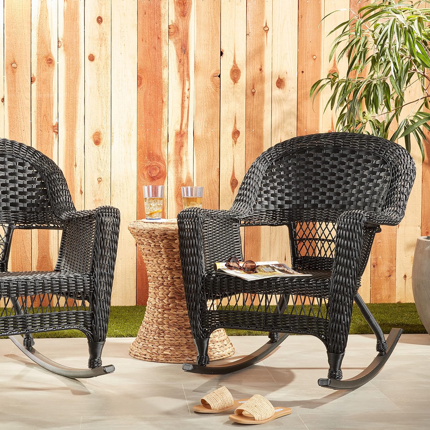 Jeco , Set of 2 Wicker Rocker Chairs, Black