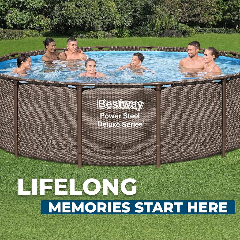 Bestway Power Steel 14' x 42' Round Above Ground Outdoor Backyard Swimming Pool Set with 1,000 GPH Filter Pump, Ladder, and Pool Cover