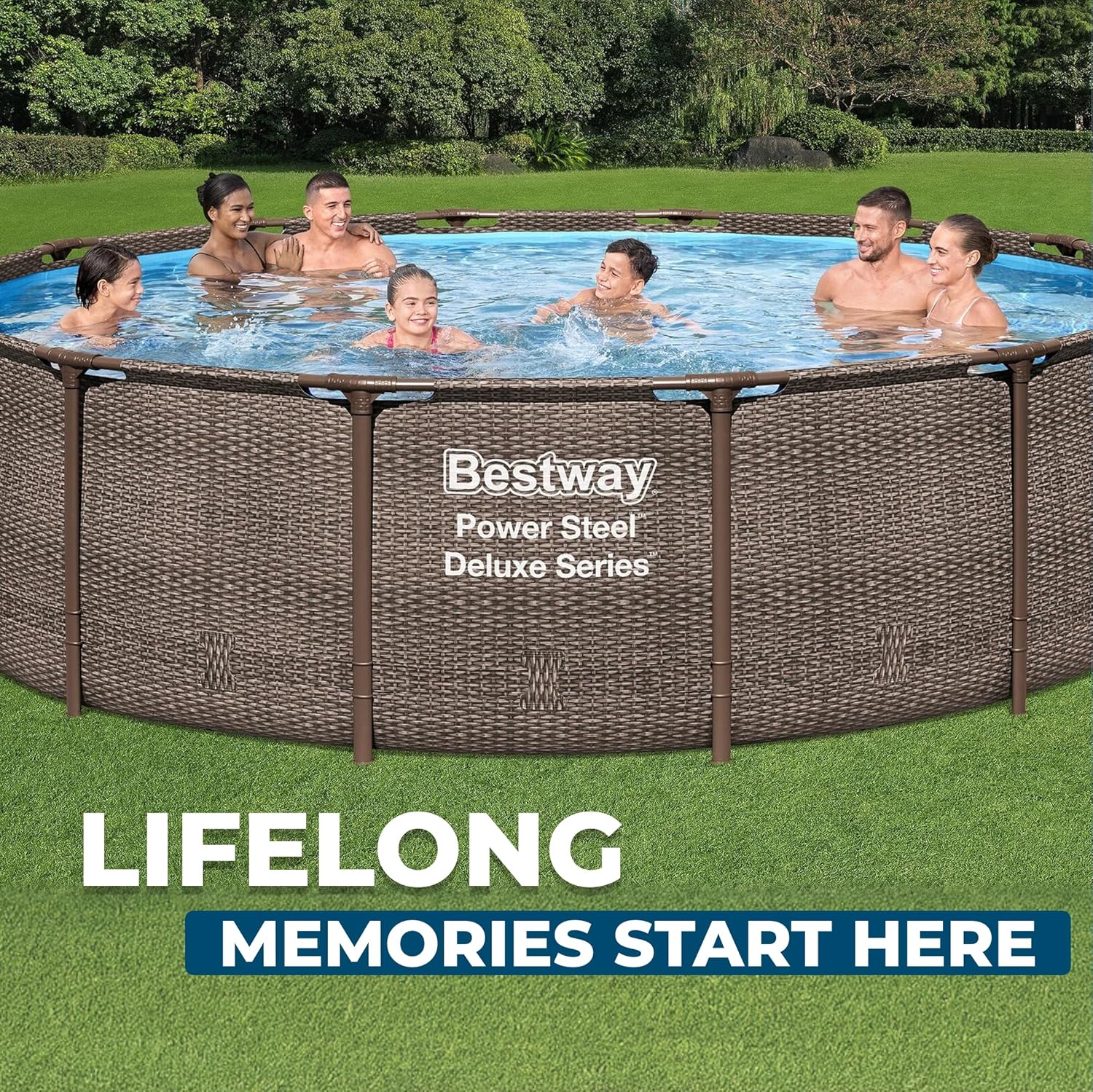Bestway Power Steel 14' x 42' Round Above Ground Outdoor Backyard Swimming Pool Set with 1,000 GPH Filter Pump, Ladder, and Pool Cover