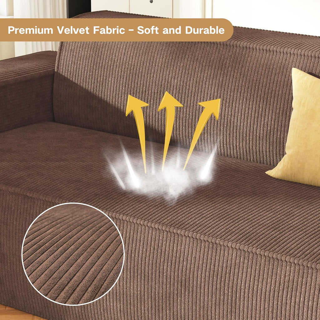 Swbvs Sofa-in-a-Box, Memory Foam 3-Seater Couch, No Installation & Easy to Transport, Deep Seat Modern Sofa with Corduroy Fabric, Couch for Living Room, Bedroom, Apartment, Home Office, Brown