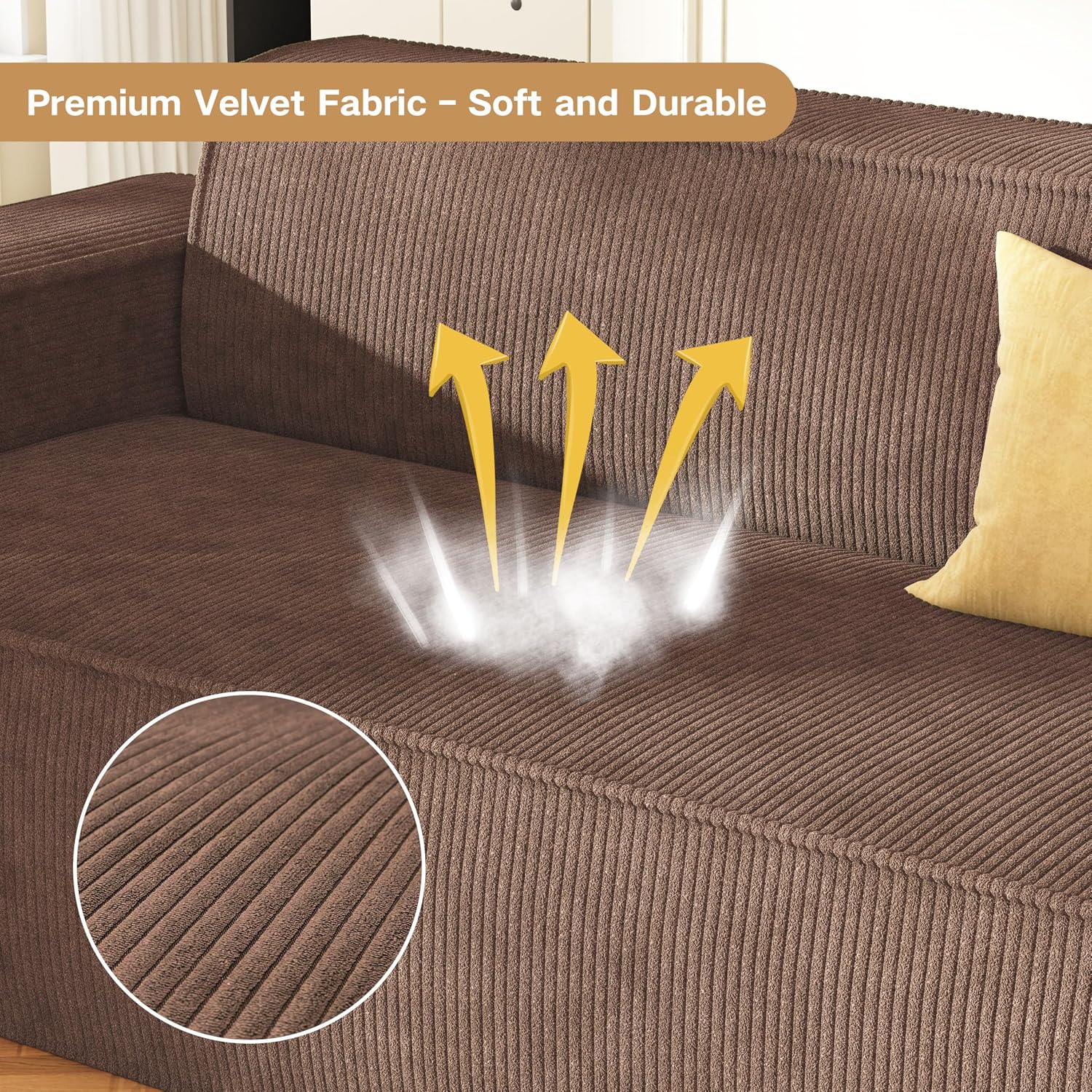 Swbvs Sofa-in-a-Box, Memory Foam 3-Seater Couch, No Installation & Easy to Transport, Deep Seat Modern Sofa with Corduroy Fabric, Couch for Living Room, Bedroom, Apartment, Home Office, Brown
