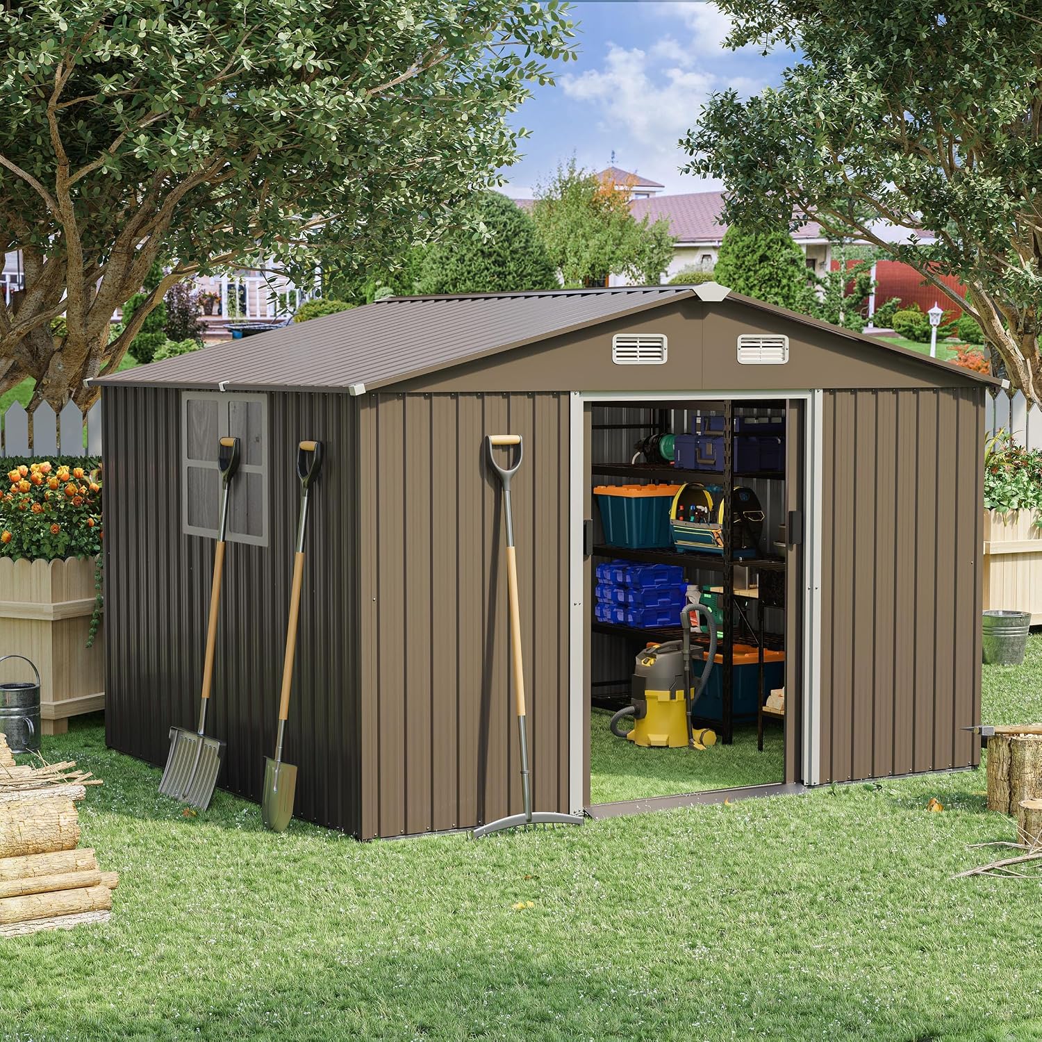 10FT x 8FT Outdoor Storage Shed,Waterproof Lockable Door Metal Tool Shed with Sliding Door and Air Vents,Storage House for Gardening Tools,Metal Storage Shed for Garden,Backyard,Lawn